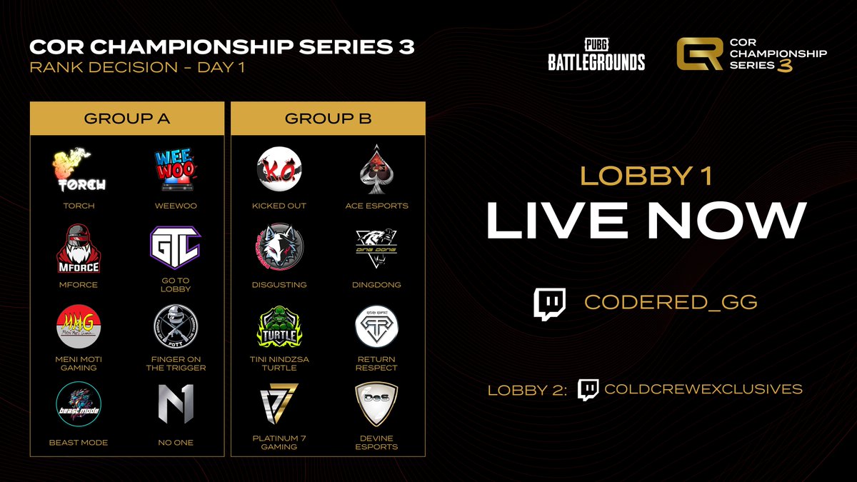🔴 LIVE NOW!

Come and check out the action in Day 1 of the Rank Decision Round 🔥

📺 twitch.tv/codered_gg
🎙️ <a href="/MattHopkins12/">Matt</a> + <a href="/S1lencrr/">Harry Stanhope</a> 

Lobby 2
📺 twitch.tv/coldcrewexclus…
🎙️ @CcExclusives 

<a href="/PUBG_EU/">PUBG: BATTLEGROUNDS Europe</a> | <a href="/TwireGG_PUBG/">Twire PUBG</a> | #CCS3