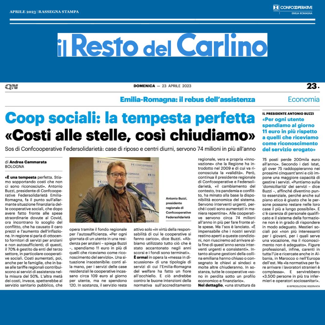 Il presidente di <a href="/FedSolidarieta/">Federsolidarietà IT</a> #EmiliaRomagna Antonio Buzzi torna a lanciare l'allarme sui problemi delle #cooperativesociali: servono adeguamenti tariffari dalla Regione per sostenere i servizi alle persone non autosufficienti.

Oggi sul <a href="/qn_carlino/">il Resto del Carlino</a>.