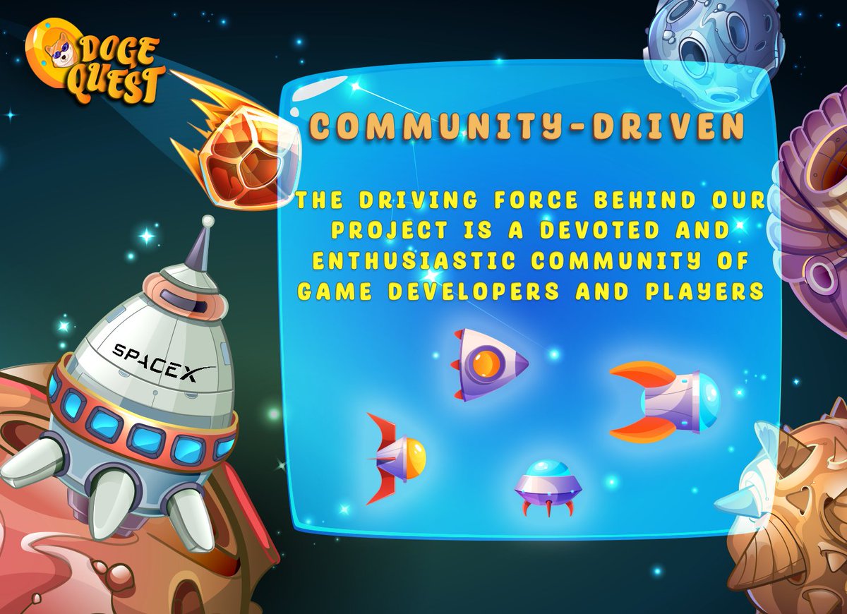Doge Quest is a true community-driven project, with a passionate and dedicated team working alongside a supportive community to make it a success. #communitydriven #dogequest #dogecoin #ElonMusk #SpaceX