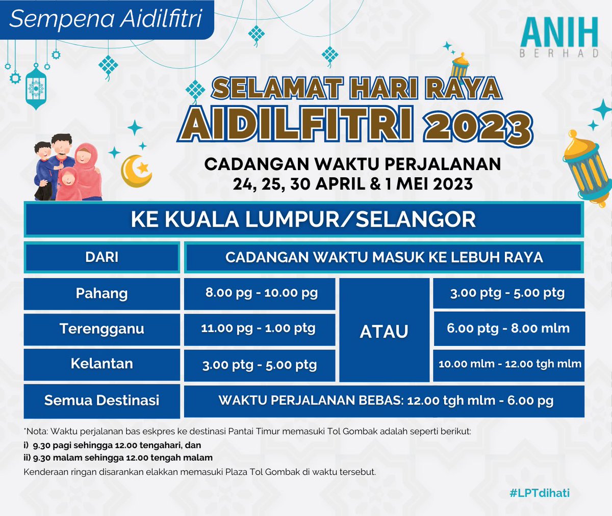 LPTTrafik's tweet photo. Tengah rancang nak balik ke KL/Selangor ke tu?

Jangan lupa rujuk jadual cadangan waktu perjalanan (TTA) sebelum memulakan perjalanan anda.

Pandu berhati-hati dan semoga selamat sampai ke destinasi.

#LPTdihati https://t.co/ThRZvArfqm