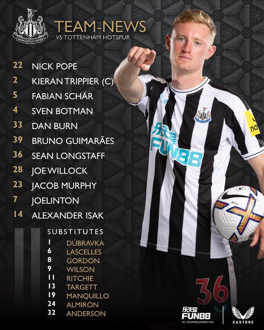 Newcastle United v Spurs:

Pope, Trippier (C), Schär, Botman, Burn, Bruno G., Longstaff, Willock, Murphy, Joelinton, Isak.

Subs: Dúbravka, Lascelles, Gordon, Wilson, Ritchie, Targett, Manquillo, Almirón, Anderson.