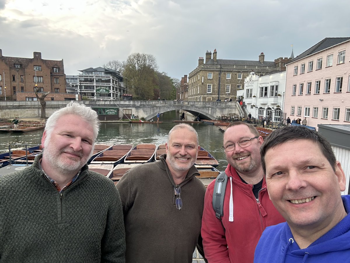 Enjoying a pint, with good company and the view of #punting in #cambridge after the <a href="/CambridgeJam/">CamJam Raspberry Jam</a> with <a href="/ste5eu/">Steve Upton</a> <a href="/ForToffee/">Carl Monk</a> and @andylax