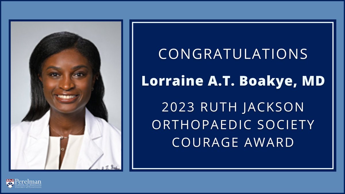 Congratulations to <a href="/LoBoakye/">Lorraine Boakye</a> (Orthopaedic Surgery), recipient of the 2023 <a href="/RJOSociety/">Ruth Jackson Orthopaedic Society</a> Courage Award in recognition of her efforts to combat discrimination &amp; advance inclusion in the field of Orthopaedics!🎉 bit.ly/3mxXN33