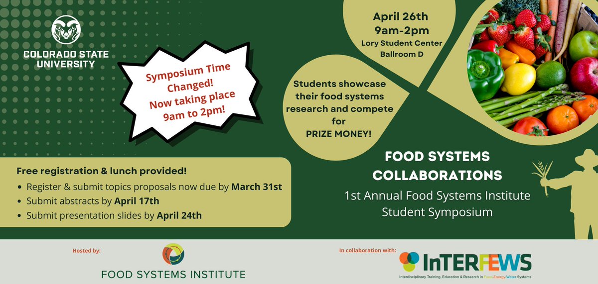interfews's tweet photo. WEDNESDAY! 4/26 9am-2pm, stop by @colostate LSC Ballroom D for a day of all things #FoodSystems! #Learn about #FoodSystems courses &amp; faculty #research at #CSU, as well as #GraduateStudents' #research during a presentation competition for prize money! https://t.co/xlGXixpb8H https://t.co/5so9Yh8QBI