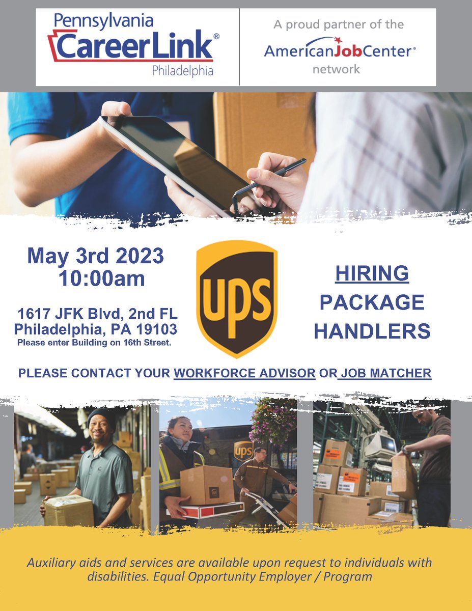 PACareerLinkPHL's tweet photo. Join us on May 3rd at 10:00am for the PA CareerLink Philadelphia hosting UPS Hiring for Package Handler event at 1617 JFK Blvd, 2nd FL Philadelphia, PA 19103. Don't miss out on this opportunity to join the UPS team! #PACareerLink #UPS #PackageHandler #JobOpportunities https://t.co/IYdX8Y7pdp