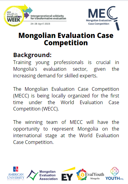 evalyouthmongol's tweet photo. Attention Bachelor's and Master's students! Don't miss the chance to showcase your evaluation skills at the Mongolian Evaluation Case Competition (MECC).
To register:https://t.co/me3X3jrGTI
#Eval4Action #monevalassoc #YouthInc #APCHub https://t.co/I3EbJx3cb3