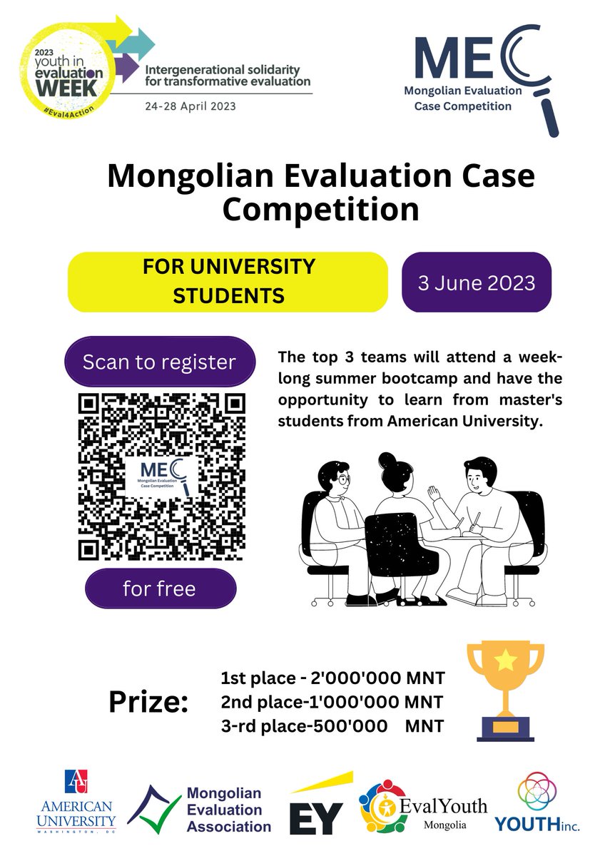evalyouthmongol's tweet photo. Attention Bachelor's and Master's students! Don't miss the chance to showcase your evaluation skills at the Mongolian Evaluation Case Competition (MECC).
To register:https://t.co/me3X3jrGTI
#Eval4Action #monevalassoc #YouthInc #APCHub https://t.co/I3EbJx3cb3