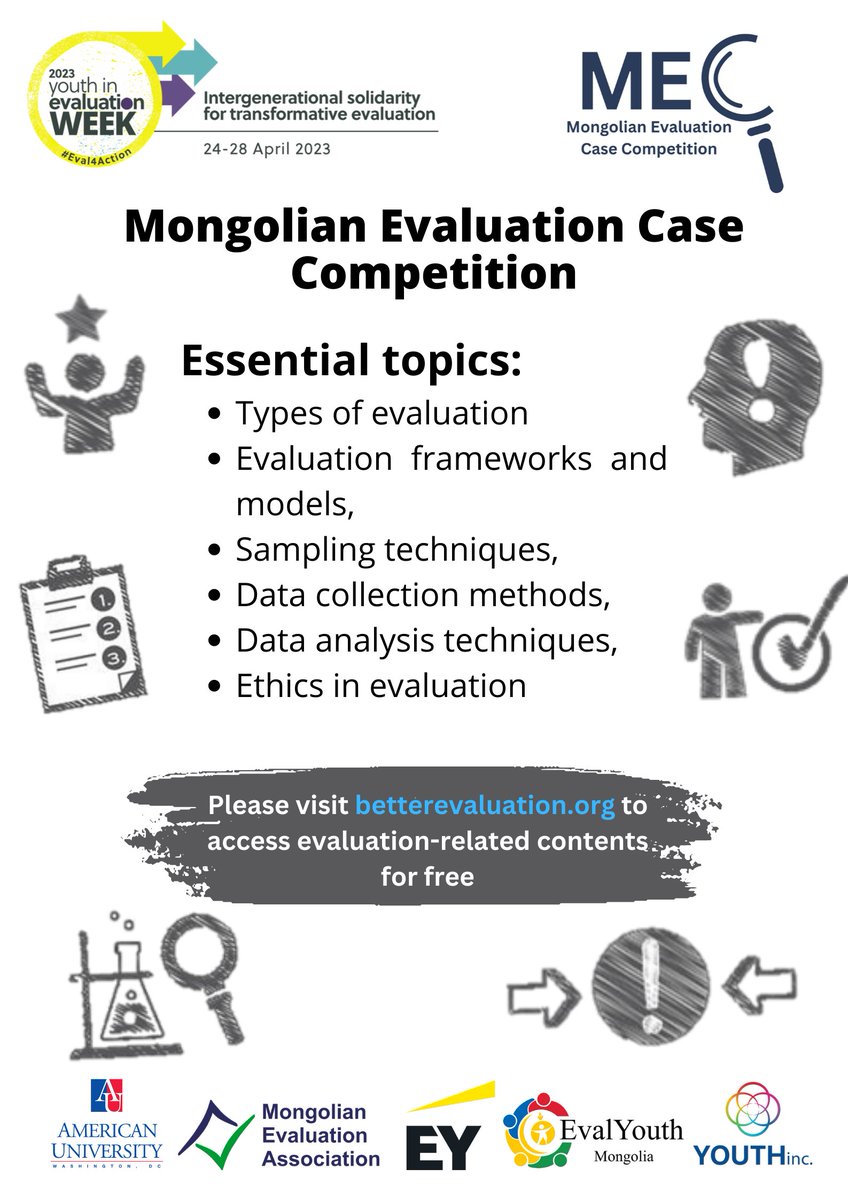 evalyouthmongol's tweet photo. Attention Bachelor's and Master's students! Don't miss the chance to showcase your evaluation skills at the Mongolian Evaluation Case Competition (MECC).
To register:https://t.co/me3X3jrGTI
#Eval4Action #monevalassoc #YouthInc #APCHub https://t.co/I3EbJx3cb3