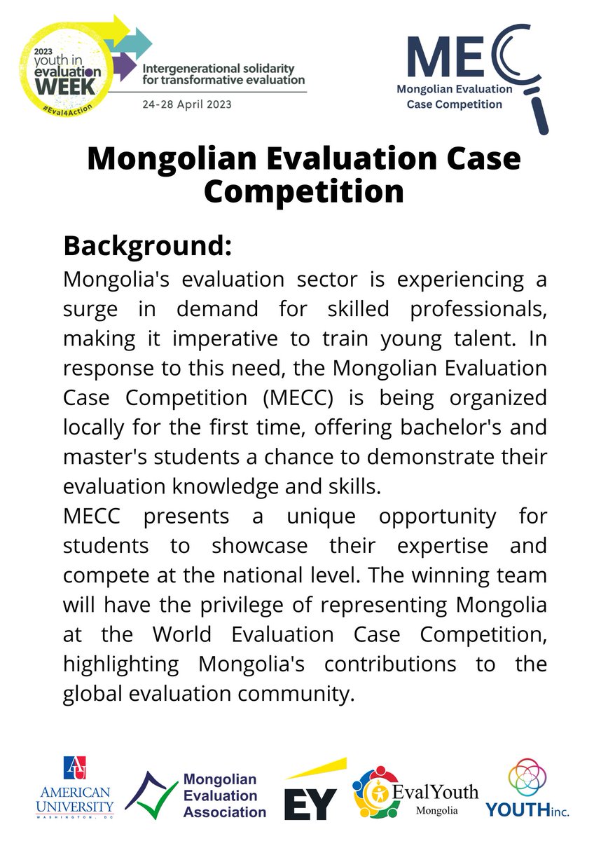 evalyouthmongol's tweet photo. Attention Bachelor's and Master's students! Don't miss the chance to showcase your evaluation skills at the Mongolian Evaluation Case Competition (MECC).
To register:https://t.co/me3X3jrGTI
#Eval4Action #monevalassoc #YouthInc #APCHub https://t.co/I3EbJx3cb3