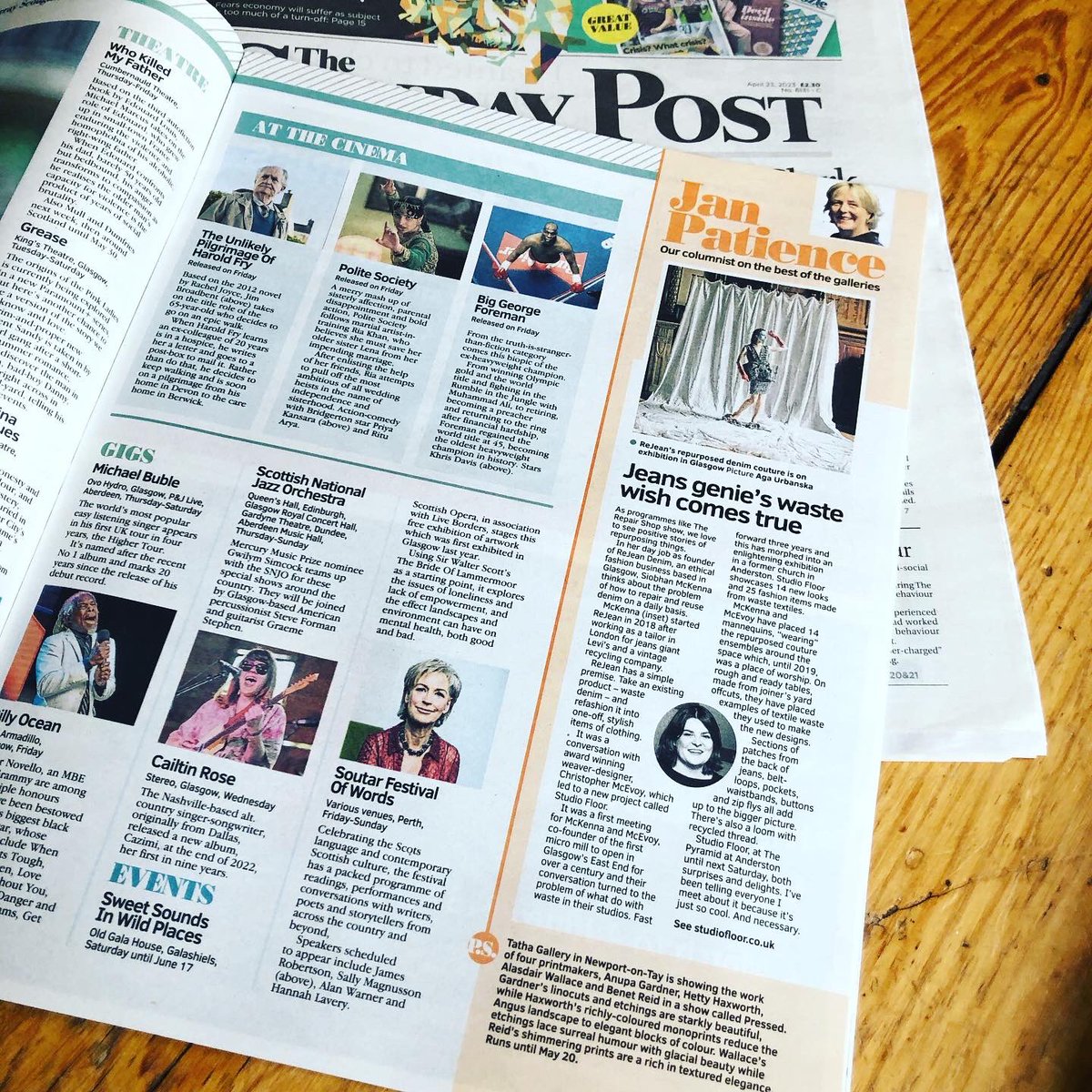 JanPatience's tweet photo. |@Sunday_Post column features the brilliant #StudioFloor exhibition @thepyramid_scot (until next weekend). Itโs a collaboration spearheaded by @RejeanDenimโs Siobhan McKenna and @ChrisMcevoy93. The ingenuity involved in repurposing waste from respective studios is breathtaking. https://t.co/0qQAG9YuXu