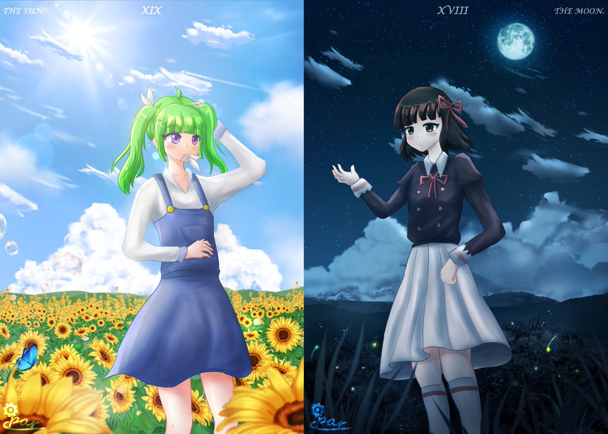 Entity_3_parpar's tweet photo. 陽角/陰角
背景影射自塔羅牌
19太陽XIX/18月亮XVIII
Oc:幽羽/夜月
#女の子 #sun #moon #タロット #陽キャ #陰キャ #イマソラ  #繪圖 #電繪 #插畫 #お絵かき #絵画 #絵 #tarot #draw #piant #animeart #painting #paint #art #drawing #draw #oc #parpar_club https://t.co/4tbZbXTT3m