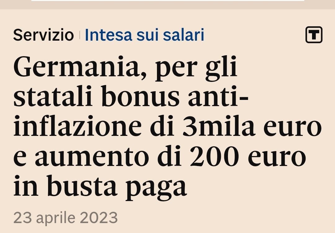 In Germania. Da noi, invece, nel Def non c'è un euro per il rinnovo dei contratti del pubblico impiego e non si sente il bisogno neanche di promuovere un'ora di sciopero.