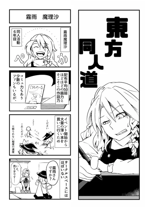 魔理沙が同人活動やってる話。

何年か前に描いた漫画を発掘しました。
例大祭や東方新作の話聞いてて懐かしくなったので貼っときます。

#東方 