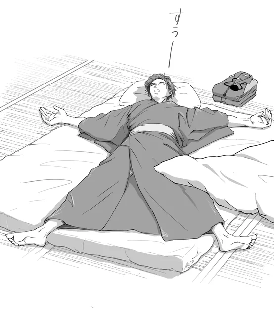 自本丸の燭台切は呼吸をしているかどうかも怪しい静かさで眠るタイプなんですが、それはそれとしてめちゃくちゃ寝相が悪い個体の燭台切が見たくて描きました https://t.co/0eMWZt0Ezg