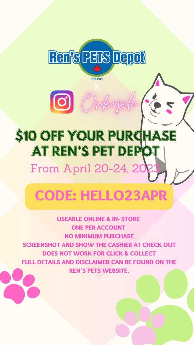 OrkYeh's tweet photo. $10 off RENs Pet Depot Code: HELLO23APR #renspet #renspetdepot https://t.co/aA3rT56JAX
