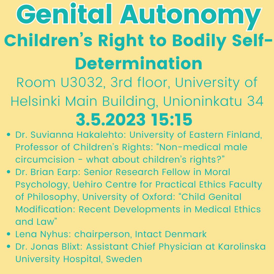 Tervetuloa tapahtumaan "Genitaaliautonomia – lasten oman kehon itsemääräämisoikeus" Helsingissä 3 toukokuuta 15:15 - 18:00.

intaktfinland.fi/tapahtumat/202…

Tapahtuma on englanninkielinen, ja järjestetään #WWDOGA-viikon yhteydessä (Worldwide Day of Genital Autonomy, joka vietetään 7.5)