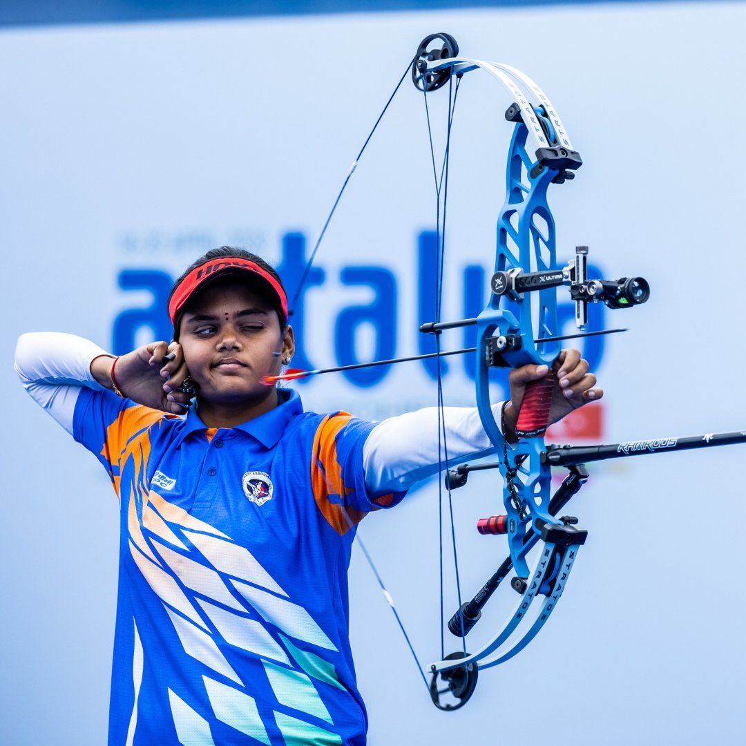 NisithPramanik's tweet photo. Wow! @VJSurekha has done it!

She defeated the World Record holder Sara Lopez of Colombia in an epic Women's Compound Final match of the #ArcheryWorldCup, scoring 149-146 to win her first ever Individual World Cup gold medal🥇.

Congratulations on this remarkable victory! https://t.co/PFcwc02UHv