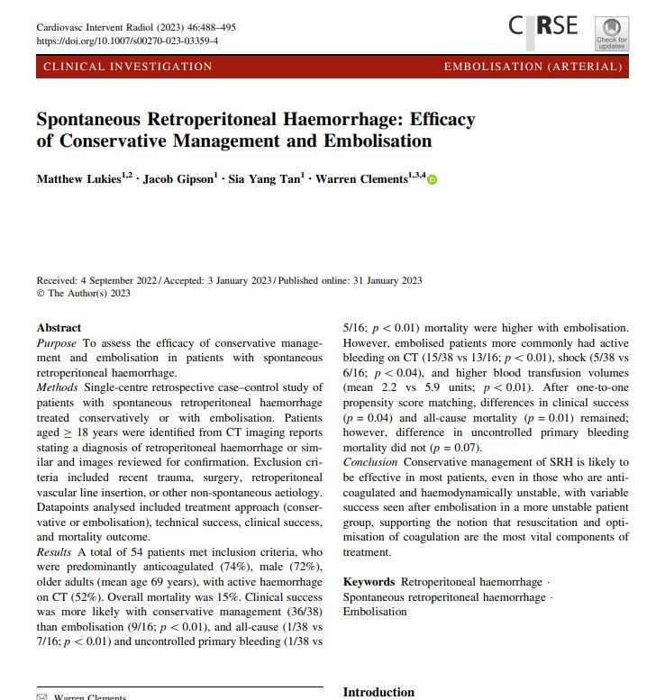 CVIR Journal (@cvir_journal) on Twitter photo #TheSundayRead!
Spontaneous Retroperitoneal Haemorrhage: Efficacy of Conservative Management and #Embolisation
link.springer.com/article/10.100…
#OpenAccess
<a href="/Warren_IR/">Prof. Warren Clements</a> #TheSundayRead!
Spontaneous Retroperitoneal Haemorrhage: Efficacy of Conservative Management and #Embolisation
link.springer.com/article/10.100…
#OpenAccess
<a href="/Warren_IR/">Prof. Warren Clements</a>