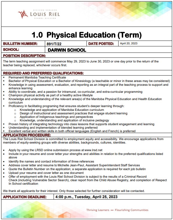 darwinLRSD's tweet photo. We are looking to hire a Physical Education specialist for the final month of the 2022-2023 school year. This job posting closes on Tuesday, April 25, 2023, at 4:00pm. Please visit the employment section of https://t.co/pz8VZffrv5 to apply online. https://t.co/brWf8L0Ysn