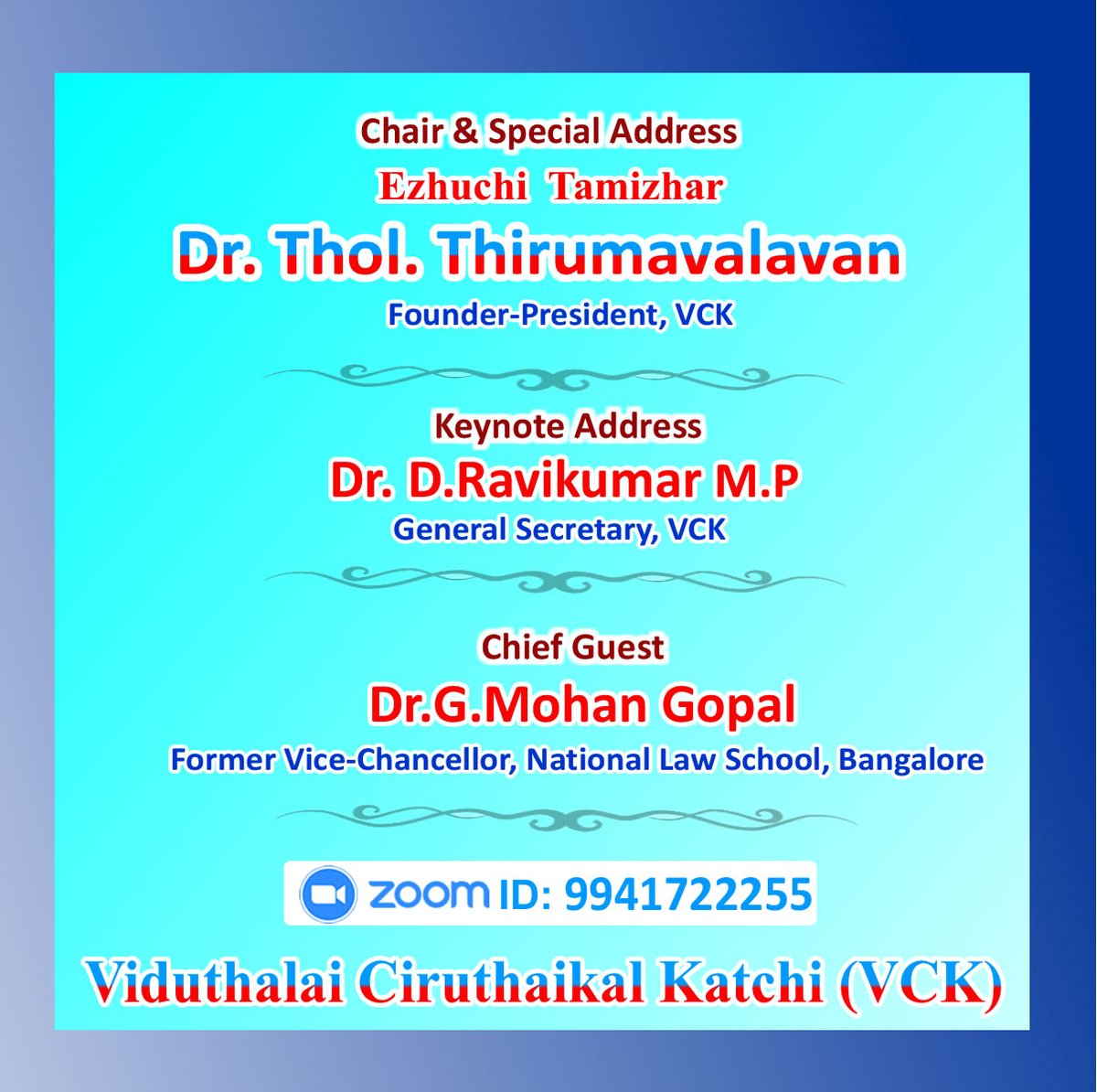thirumaofficial's tweet photo. #Webinar on 
Basic Structure of Constitution
50th anniversary of #Kesavananda_Bharati_judgment

24.04.2023 Monday 4.30 PM
 ~~~~
 Chair & Special Address
 Ezhuchi  Tamizhar 
 Dr. Thol.Thirumavalavan
 Founder-President, #VCK

 Keynote Address: 
 Dr. D.Ravikumar M.P
 General Secretary, VCK 

Chief Guest: 
Dr. G. Mohan Gopal
Former Vice-Chancellor, National Law School, Bangalore

 All are welcome! 

Viduthalai Ciruthaikal Katchi (VCK)
~~~~~~~~~~~~~~~~~~

Kesavananda Bharati judgement and Basic structure doctrine 
=======

The Kesavananda Bharati judgment has played a crucial role in safeguarding the Constitution of India. This judgment, which was delivered on April 24, 1973, established the 'Basic Structure' of the Constitution and ruled that no amendment could be made in Parliament to modify it.

Currently, the ruling BJP government views the concept of 'basic structure' as defined in the Kesavananda Bharati case as a major obstacle. The judgment itself impedes their desire to declare India as a Hindu Rashtra. This is why the Indian Union Law Minister, Mr. Kiran Rijiju, and the Vice President of India , Mr. Jagdeep Dhankhar , have been criticizing the basic structure doctrine.

Although Chief Justice of India Hon’ble Chandrachud did not directly respond to the BJP's criticism of the basic structure of the Constitution, he stated that “The basic structure of our constitution, like the north star, guides and gives certain direction to the interpreters and implementers of the Constitution when the path ahead is convoluted."

The BJP aims to create an authoritarian Sanatan state in India and is attempting to destroy the Constitution that obstructs its agenda. To achieve this, they use two different strategies: first, they intimidate honest judges in the name of criticism of the judiciary, and second, they impose individuals who are close to them as judges. Against this backdrop, we can see that the BJP's criticism of the Constitution's ‘ basic structure ‘ is part of a more extensive sanatan strategy.

At this crucial juncture, preserving the independence of the judiciary and the basic structure of the Constitution has become one of our primary responsibilities. This day (24th April,2023) marks the golden jubilee of the Kesavananda Bharati judgment, and it is with this in mind that this webinar is being organised by VCK.