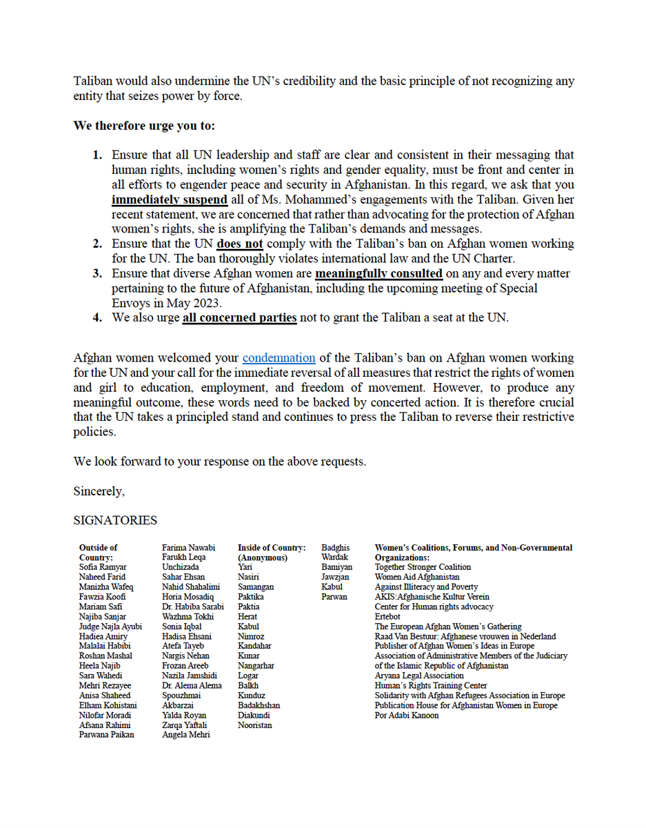 Mariam Safi (@officialmariams) on Twitter photo Afghan Women send Open Letter to <a href="/antonioguterres/">António Guterres</a> calling for:
1. Ensure UN is consistent in messaging on human rights
2. Ensure UN doesn't comply w Taliban’s ban on women working for UN
3. Ensure diverse women are consulted
4.Urge all parties not to grant Taliban a seat at UN Afghan Women send Open Letter to <a href="/antonioguterres/">António Guterres</a> calling for:
1. Ensure UN is consistent in messaging on human rights
2. Ensure UN doesn't comply w Taliban’s ban on women working for UN
3. Ensure diverse women are consulted
4.Urge all parties not to grant Taliban a seat at UN
