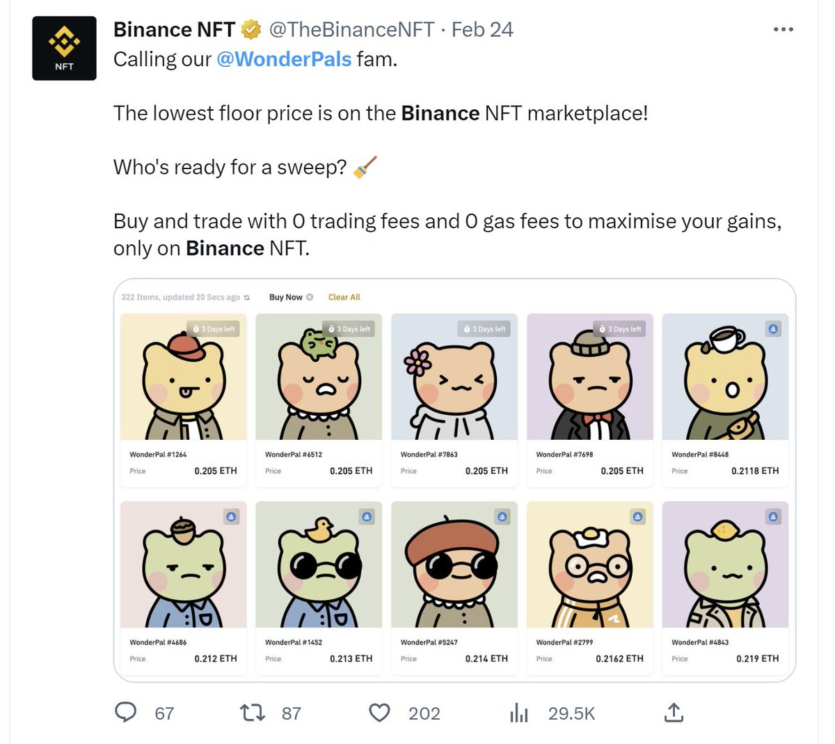 熊市给大家送一波温暖，抽1只画风超可爱的 <a href="/WonderPals/">WONDERPALS 🌱</a> ，王德宝是知名度非常高的老牌项目了，国内社区十分活跃，币安NFT也非常支持，多次在推文中提及，目前地板仍然维持在0.1E以上，艺术家应该有二代计划

1、关注 <a href="/0xSunNFT/">0xSun</a> 和 <a href="/WonderPalsAlpha/">WonderPals Alpha🌈</a> 
2、点赞并转发这条推文
3、评论你喜欢王德宝的理由