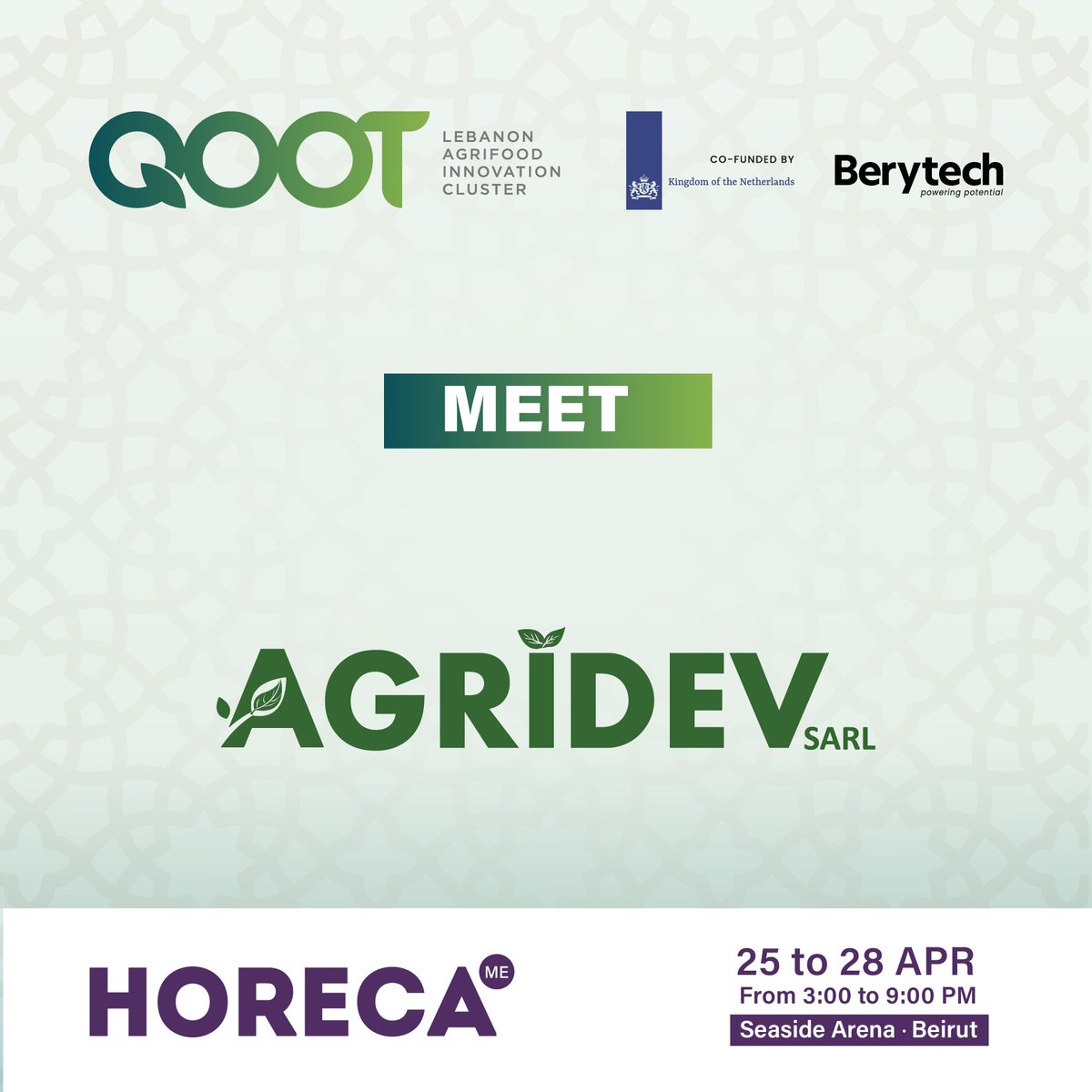 Pass by the QOOT Cluster’s booth at the HORECA exhibition to meet our member Agridev and discover their products. 
Book your calendars and join us April 25 – 28 from 3 to 9 pm at the Seaside Arena, Beirut.

qoot.org/qoot-cluster-s…

@HorecaConnects #HORECALebanon #QOOTinHORECA
