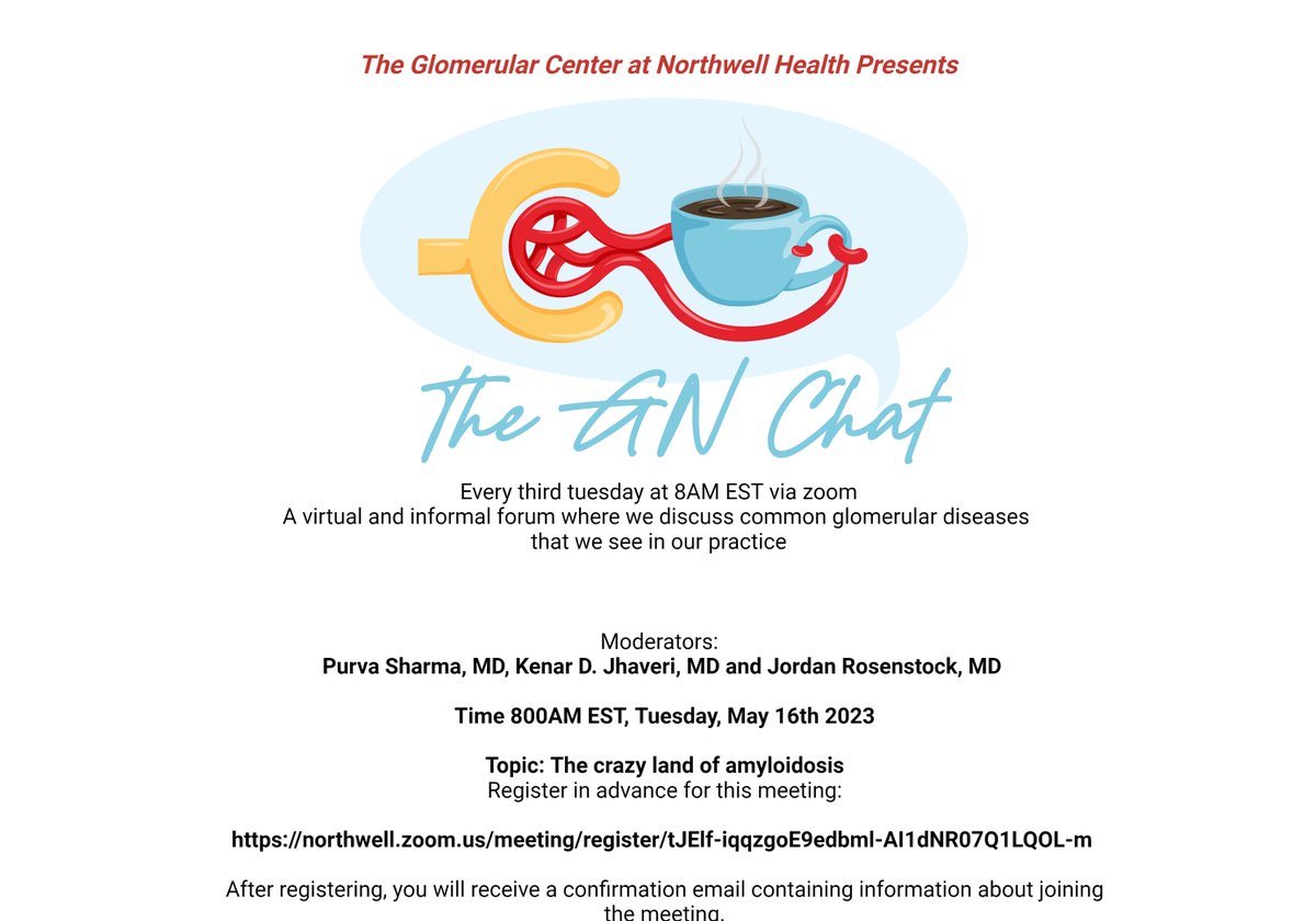 kdjhaveri's tweet photo. We are back after Spring break.. #gnchat 
When: May 16, 2023 08:00 AM Eastern Time (US and Canada) . Register in advance for this meeting:
https://t.co/wyBJxvbIaQ -- Topic " Crazy land of Amyloidosis" @purvasharma821 @HofstraKidney @onconephsociety @ISGDtweets https://t.co/Da3OiVDrNg