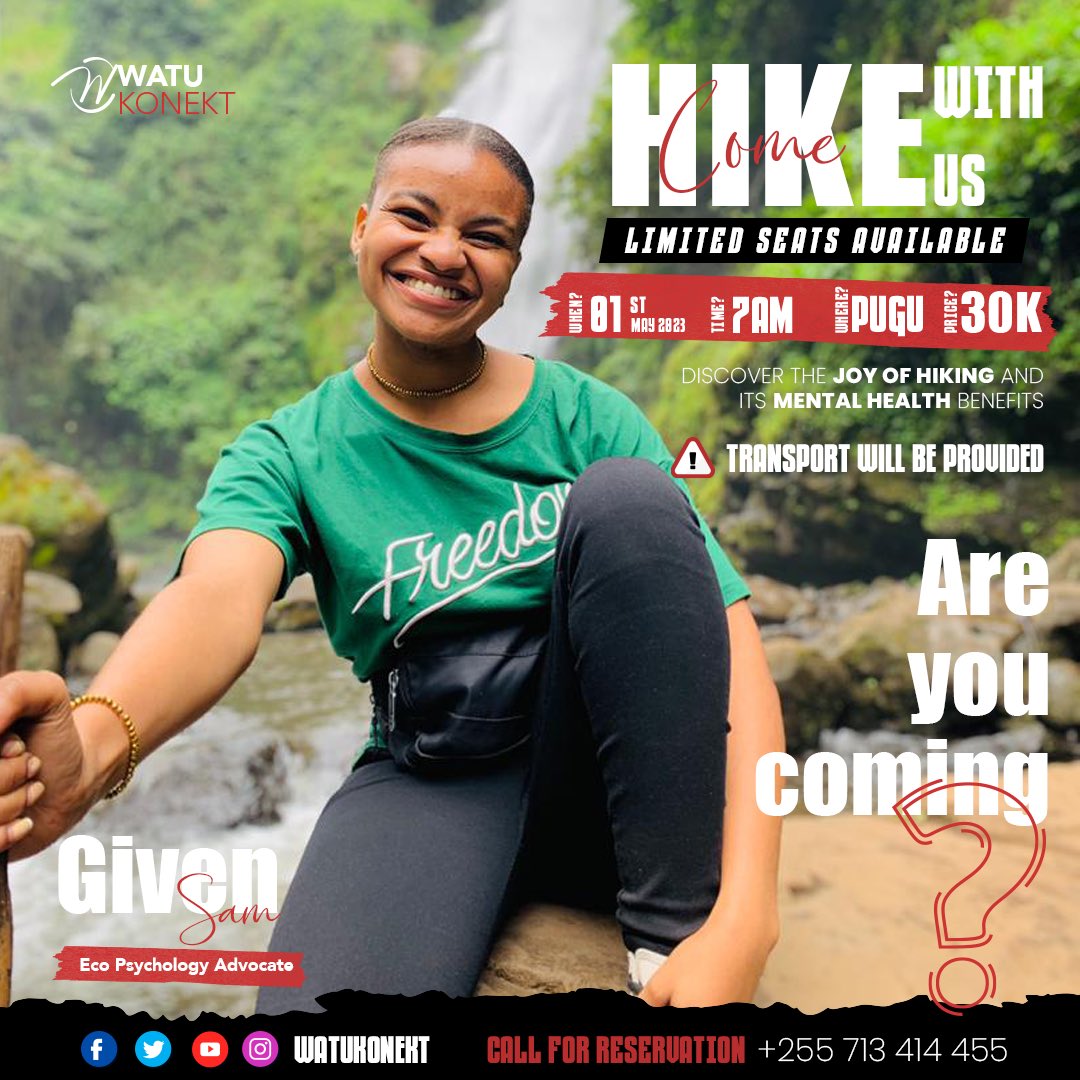 Spending quality time in the great outdoors reduces stress, calms anxiety, and can lead to a lower risk of depression
@ms_givensam 

📌Save the Date guys

#watukonekt #afyayaakili #mentalhealth #mentalhealthawareness #tanzania #hiking #adventure #hikingadventures