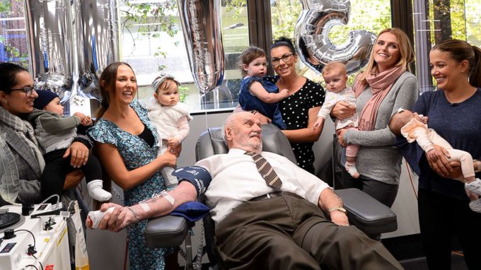 Rainmaker1973's tweet photo. James Harrison is a blood donor whose unusual plasma composition has been used to make a treatment for Rhesus disease. He made 1173 donations throughout his lifetime, which are estimated to have saved over 2.5 million unborn babies from the condition https://t.co/n2I8br8hZm https://t.co/bLTIlehWVG