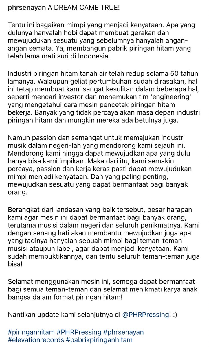 Selamat atas beroperasinya PHR Pressing untuk <a href="/phrsenayan/">PHRECORDSTORE!</a> dan <a href="/Elevation77/">Elevation Records</a>. Kini bisa mencetak dalam format piringan hitam / vinyl di Indonesia. Kabar baik untuk musisi Indonesia. 💿📀