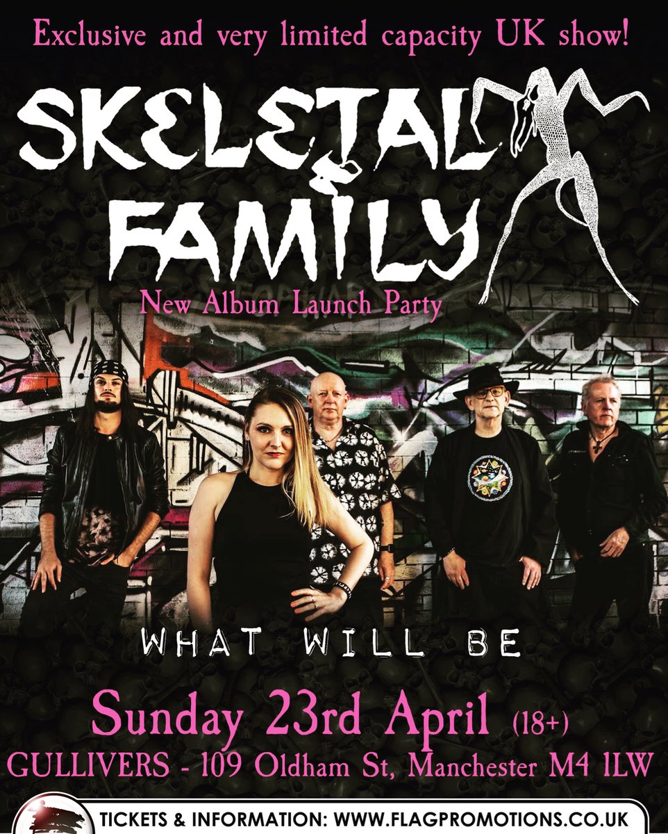 Ey up Manchester! 🐝The Skellies were on fire last night in Glasgow! 🔥So last chance on this run to catch the SKELETAL FAMILY + What Will Be at Manchester 🐝Gullivers tonight! Tickets available for the next couple of hours via flagpromotions.co.uk or on the door! 🕺🕺