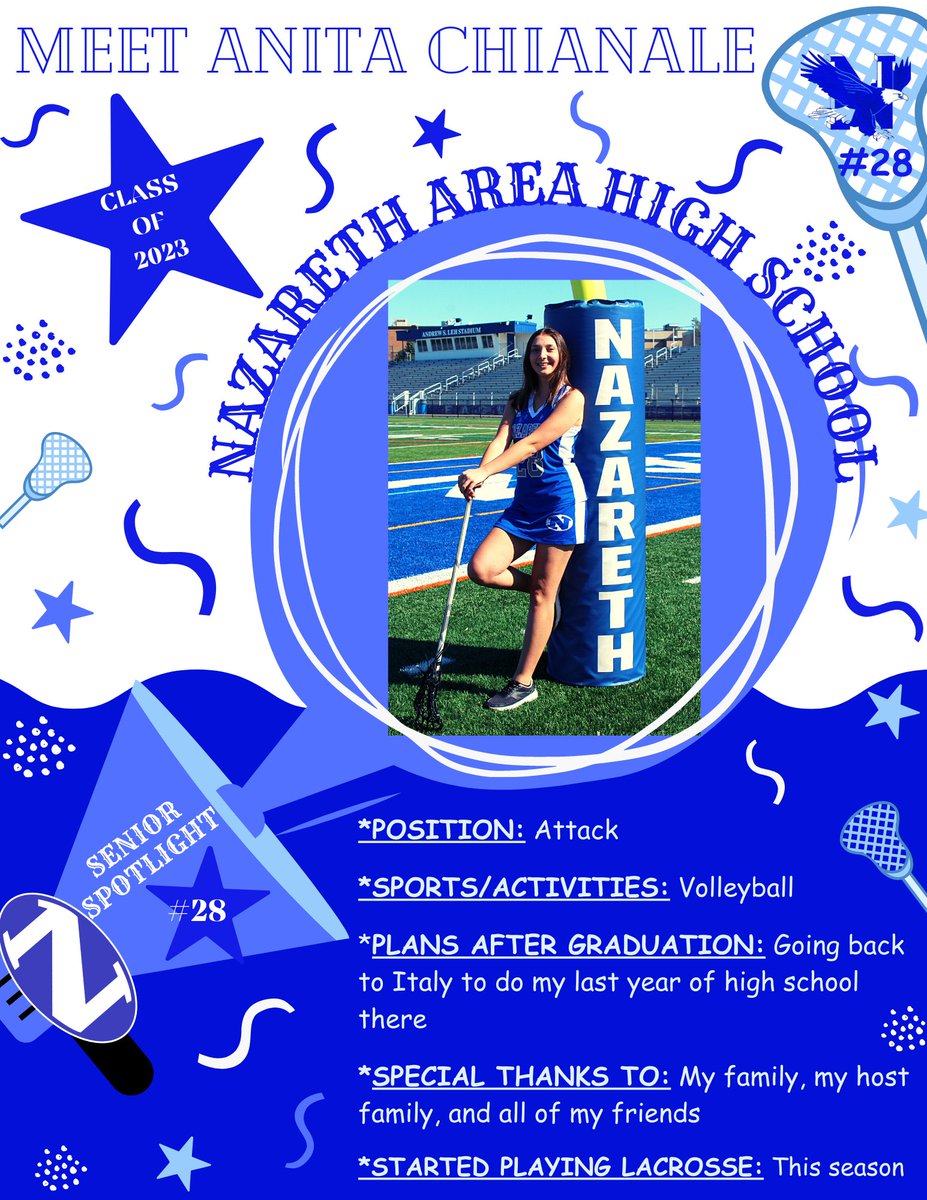 Today, we are recognizing our second of six sensational seniors during our lacrosse senior week, #28 Anita Chianale! 🥍🥍🥍
#Letsgoblueeagles