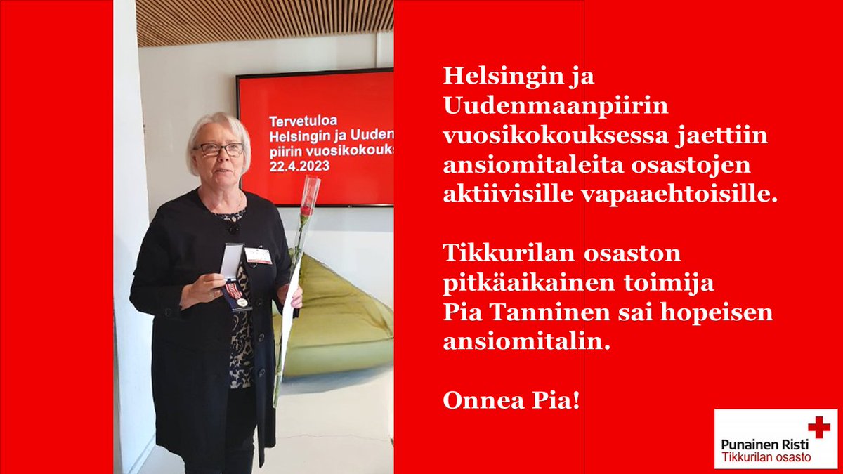 SPRTikkurila's tweet photo. 🎉 Helsingin ja Uudenmaanpiirin vuosikokouksessa jaettiin ansiomitaleita ansioituneille vapaaehtoisille.
🎉 Tikkurilan osaston pitkäaikainen toimija
Pia Tanninen sai hopeisen ansiomitalin.
🎉 Onnea Pia!
#vapaaehtoistyö #vantaa #tikkurila @sprhup https://t.co/nNksLdmFkQ
