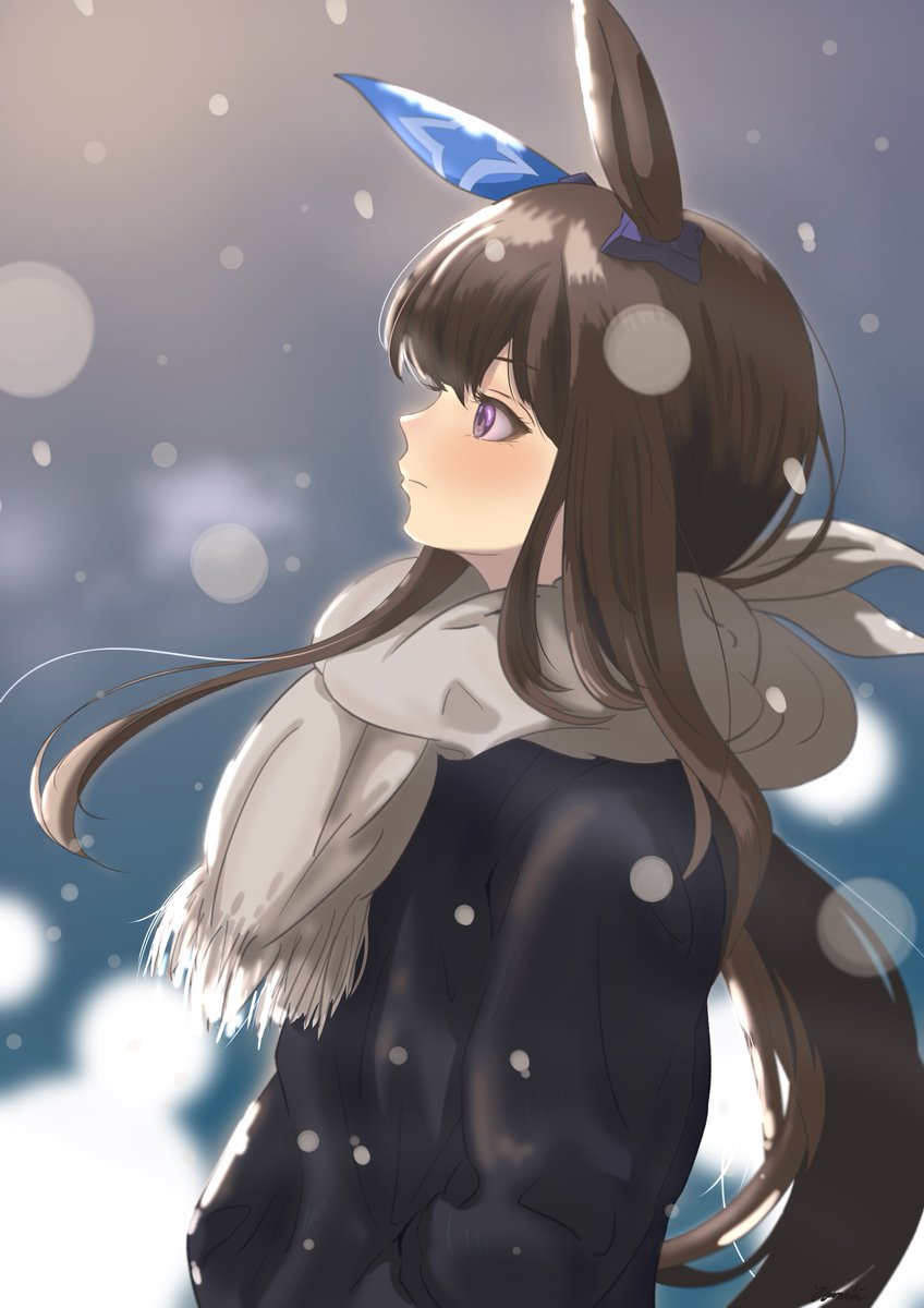 admire vega (umamusume) 1girl animal ears horse ears solo long hair scarf brown hair  illustration images