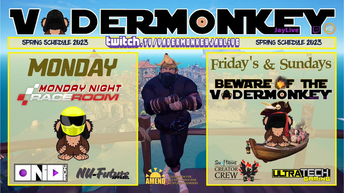VaderMonkeyGam1's tweet photo. Updated #SpringSchedule, due to prior work commitments I've stopped putting start times as I've often been unable to start as intended. Stream days stay as normal, start times may vary. #twitchstreamer #BewareOfTheVaderMonkey https://t.co/G2nHjh29Ep