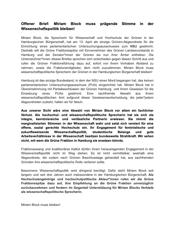 Gute Wissenschaftspolitik und Antifaschismus sind kein Widerspruch, Miriam Block <a href="/mibloq/">Miriam Block</a> muss bleiben!
Dafür schreiben wir mit Profs, Studis, Mittelbau &amp; Gewerkschafter*innen einen offenen Brief an <a href="/GRUENE_Hamburg/">GRÜNE Hamburg</a>

Unterzeichnet mit! #SolidaritätmitMiriam
docs.google.com/document/d/1kU…