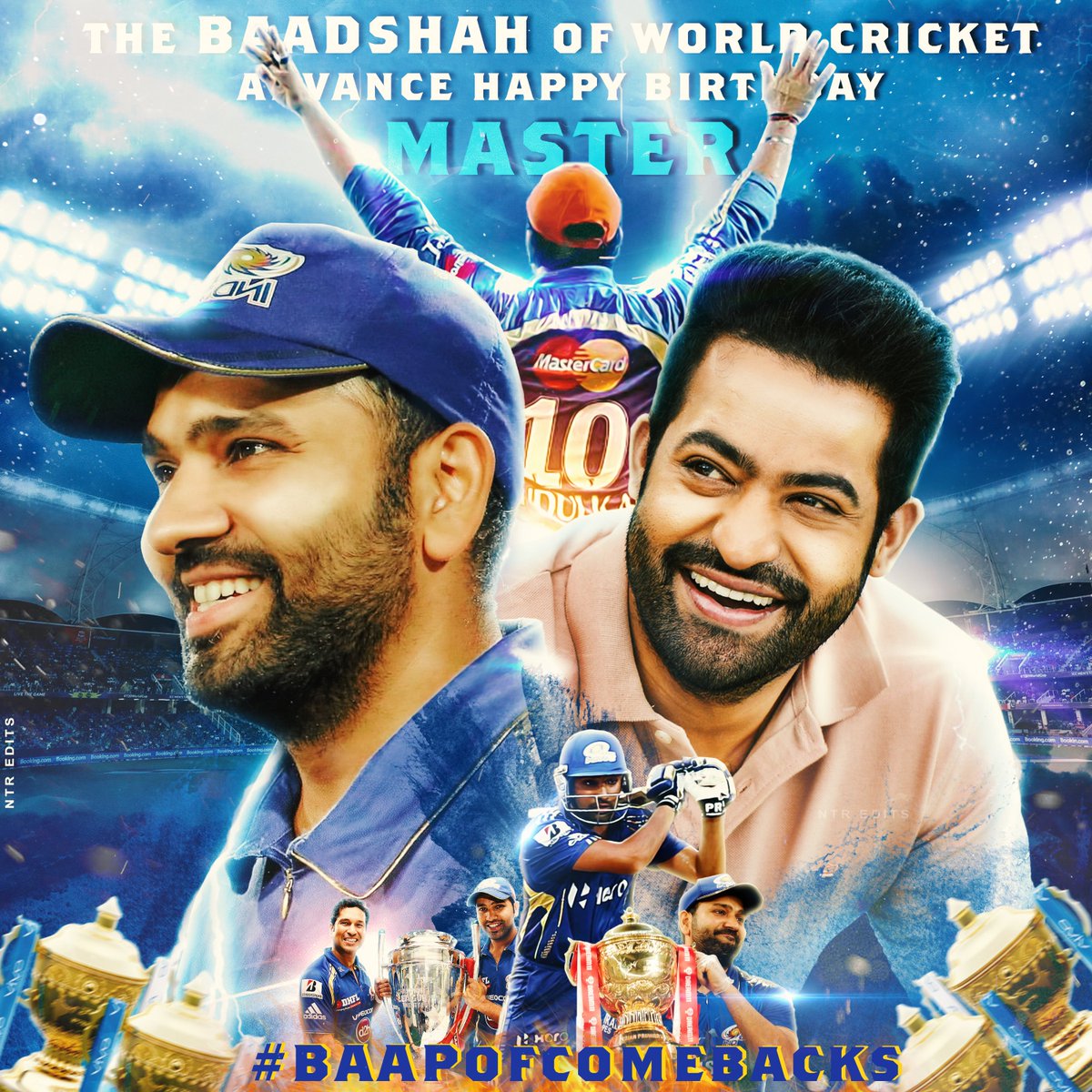When MAN OF MASSES meets SEA OF BLUE, The DOSTI moment for fans from different fields, The mutual crossover of Hitman Fans &amp; Tiger Fans !

𝐍𝐓𝐑 - 𝐌𝐮𝐦𝐛𝐚𝐢 𝐈𝐧𝐝𝐢𝐚𝐧𝐬 𝐌𝐮𝐭𝐮𝐚𝐥 𝐂𝐃𝐏 !

Advance HBD <a href="/sachin_rt/">Sachin Tendulkar</a> 💙

<a href="/ImRo45/">Rohit Sharma</a> - <a href="/tarak9999/">Jr NTR</a> - <a href="/mipaltan/">Mumbai Indians</a> 
Design : @Movies_Ntr