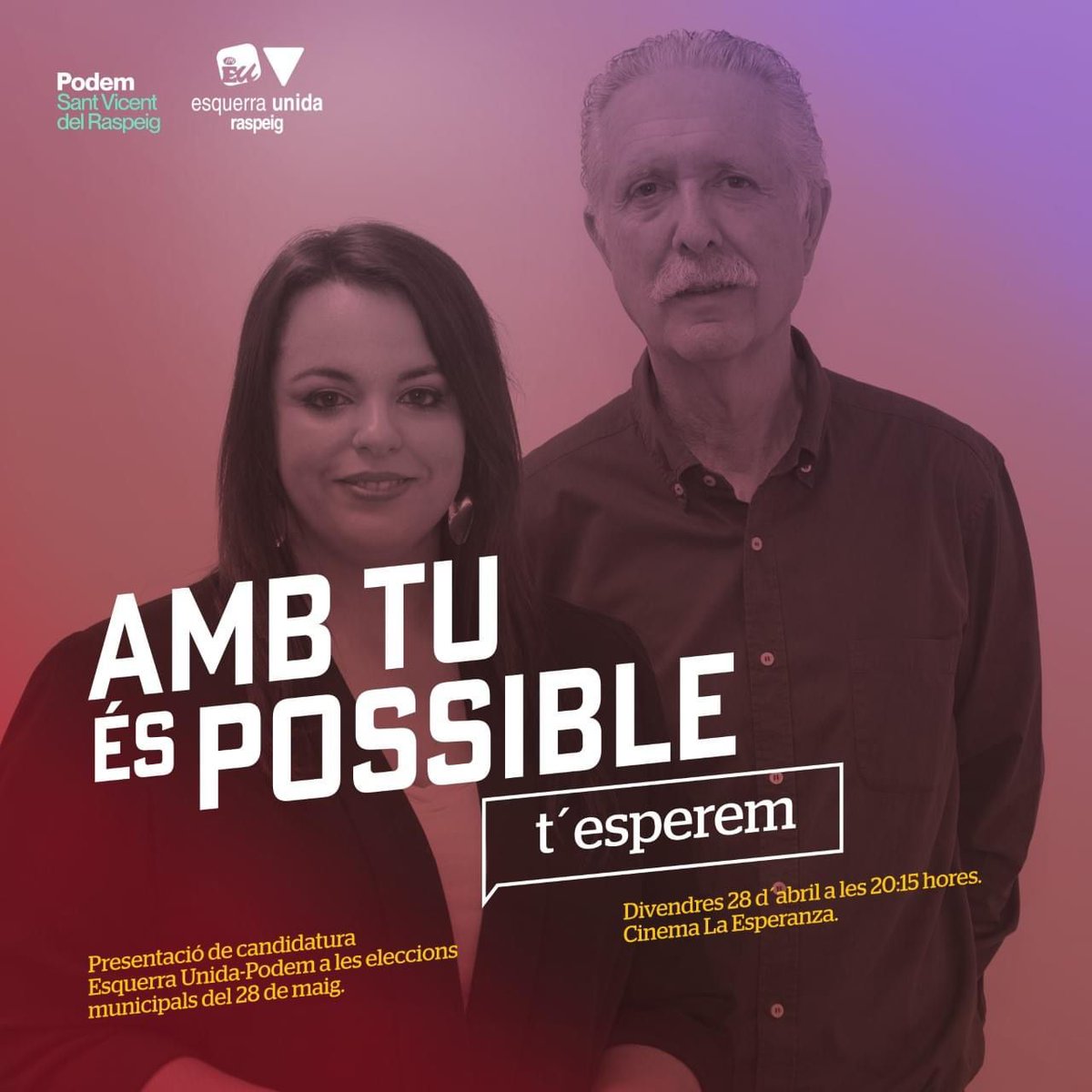 EURaspeig's tweet photo. 👇El següent divendres 28 d'Abril a les 20:15 al Cine de la Esperanza, presentem la nostra candidatura a les Eleccions Municipals

T'esperem!🎉 https://t.co/yYUwrpcHiZ