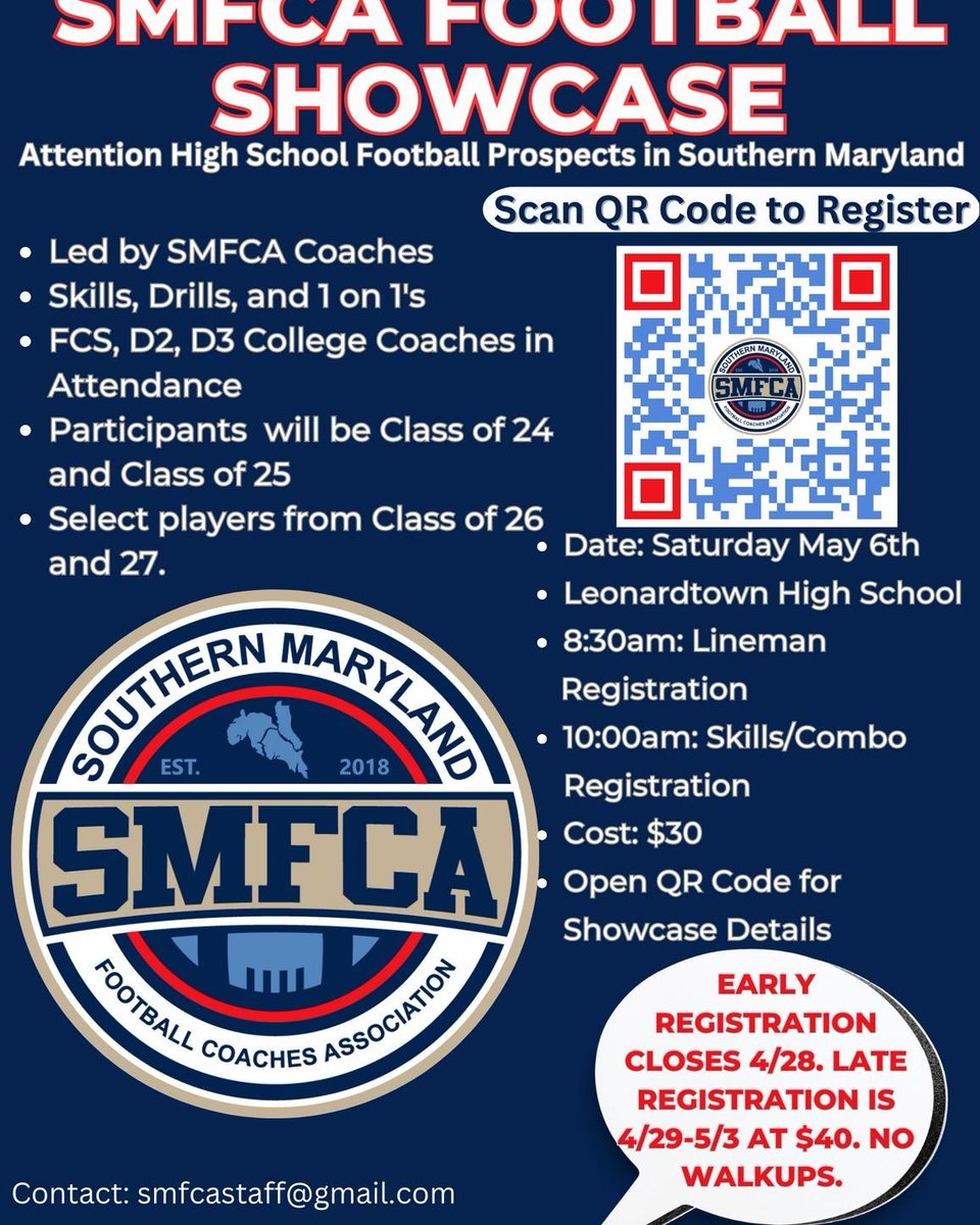MarylandCoaches's tweet photo. Lets go SMAC! Time is ticking for this exclusuve event at Leonardtown high school on May 6th.

Registration is still open and now select members of the class of 26 and 27 can register as well.  However early registration will only remain open till April 28th.

 #WeAreSOMDFootball https://t.co/zN5gDj3LUD