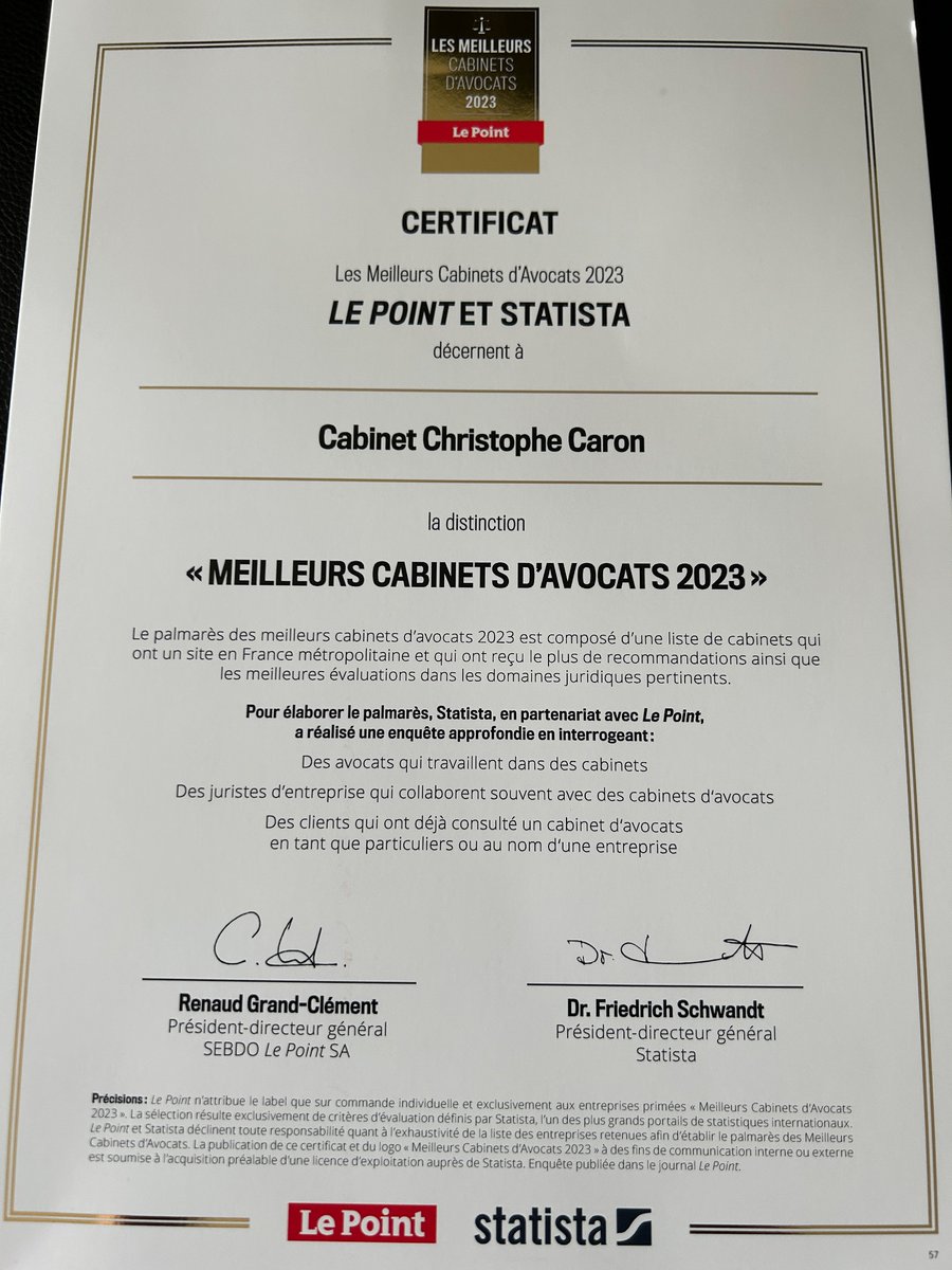 Le Cabinet a eu la bonne surprise de figurer dans le classement des "meilleurs cabinets d'avocats 2023" élaboré par Le Point. Grand merci à tous ceux qui nous font confiance. Un tel classement nous incite à faire le maximum pour servir au mieux les intérêts de nos clients.