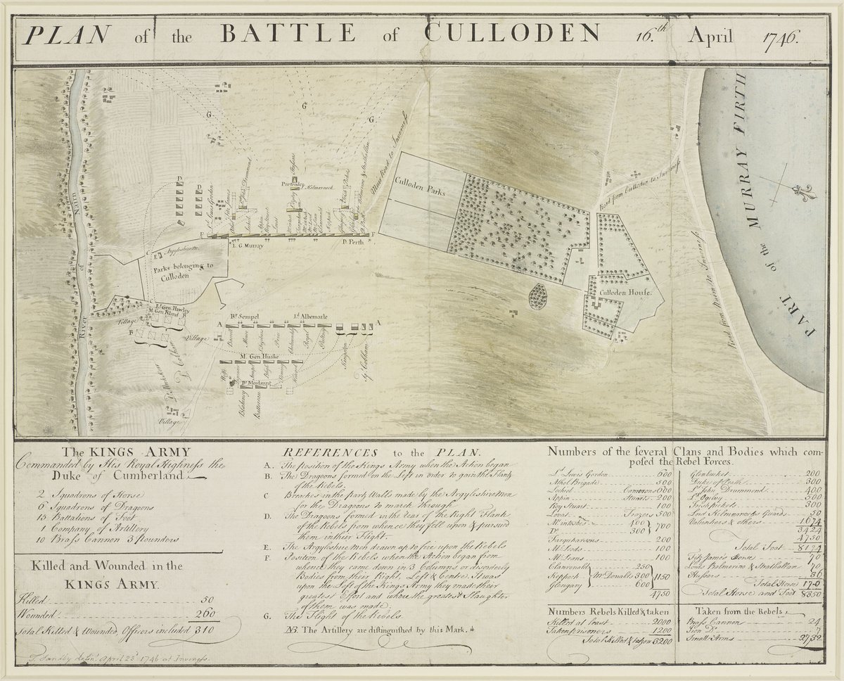 Thomas Sandby's plan of the Battle of Culloden fought on 16 April 1746. The plan was completed on 23 April 1746 at Inverness. It shows the opposing armies drawn up in line of battle with the flanking movement of the government dragoons. © Royal Collection Trust.