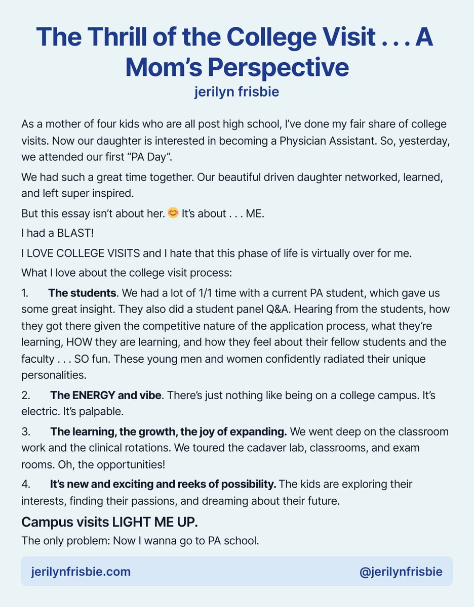JeriLynFrisbie's tweet photo. The Thrill of the College Visit . . . A Mom’s Perspective

Have a child needing a support person for their on-campus visits? CALL ME please!

#ship30for30 #college #jaypa https://t.co/f7JZfNdWJl