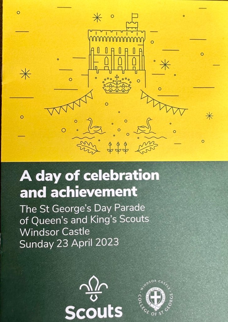 Sharkey_Scout's tweet photo. The Scottish Queen and King Scouts have just led the parade into this year's St George's Day Parade at Windsor Castle.
This years parade is being reviewed by the Duke of Kent and @BearGrylls
#StGeorgesDay #WindsorCastle #TopAward https://t.co/1sYru0LjXi