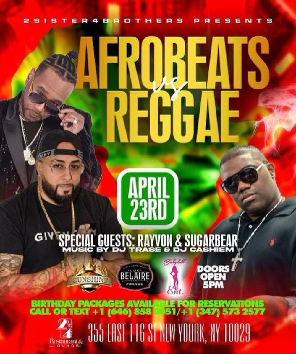 1Rayvon's tweet photo. this Sunday we gonna bring the vibes differently to #Harlem @2sisters_4brothers_ 
DanceHall/Reggae #Legend @1rayvon &amp; @sugarbearmusic to Harlem !!!!! 
Music by @DJTRASE 
STRICTLY REGGAE DANCEHALL
#djtrase #rayvon #reggae #dancehall #afrobeats #latebrunch #brunch https://t.co/YrVXKIi6Lk