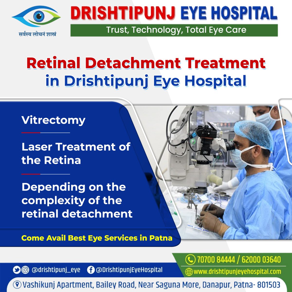 #RetinalDetachment is a serious eye condition.The layer of tissue in the back of the eye, pulls away from tissues supporting it. 

If your retina has detached, you'll need surgery to repair it.

#DrishtiPunjEyeHospital offers specialised treatment of Retinal Detachment.
Visit us!