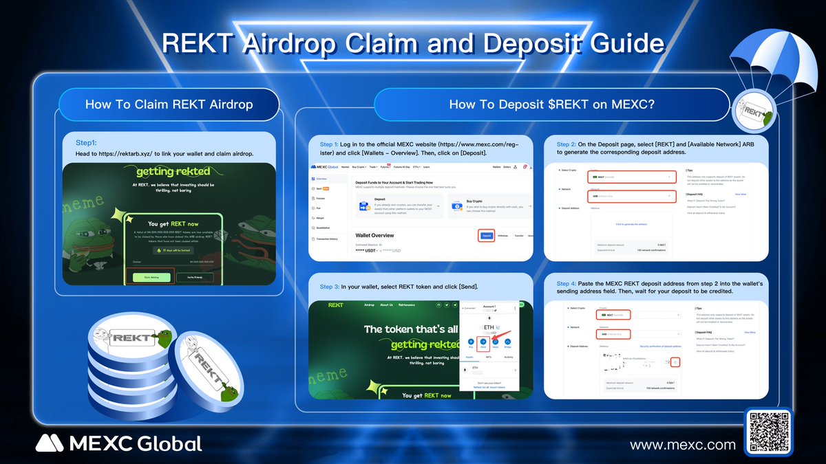 MEXC's tweet photo. How to claim the $REKT airdrop and how to deposit it to @MEXC_Global ⤵️ https://t.co/7SU8LadYdY