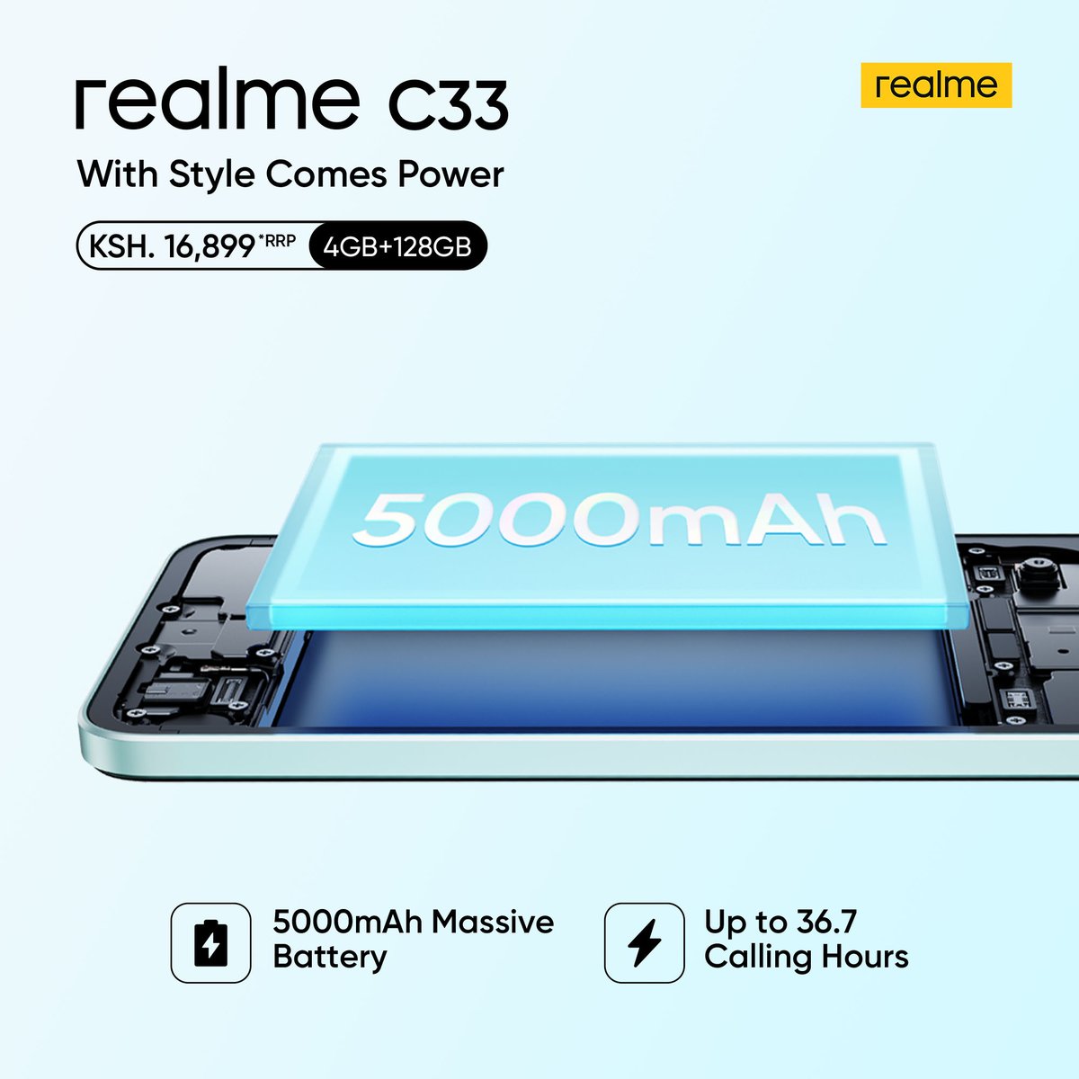 realmeKenya's tweet photo. Running low on battery is no longer an excuse! Enjoy the 5000 mAh Massive Battery on realme C33 which is ideal for those lengthy family conversations this weekend.

#WithStyleComesPower #realmeC33 #MassiveBattery 🔋 https://t.co/eWUsV8rc25