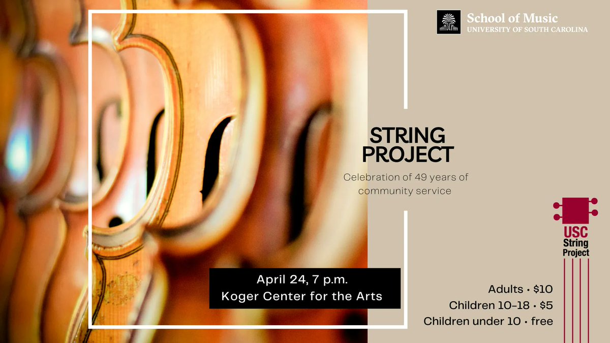 GamecockMusic's tweet photo. #USCMusic String Project will be presenting their concert for the Spring semester. A celebration of 49 years of community service. This concert presents String Project students from beginner to advanced. #GamecockMusic https://t.co/uqMekm6T61