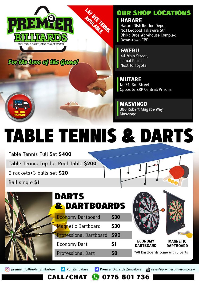 #redmarketsunday
<a href="/redmarketsunday/">Red Market Sunday</a> 
<a href="/iMisred/">MISRED</a> 
PREMIER BILLIARDS ZIMBABWE. We provide the best price and quality for Pool, Soccer and Tennis Tables with branches in Harare, Gweru, Mutare and Masvingo, FREE TABLE DELIVERY WITHIN HARARE, Call/App Premier Billiards +263776801736